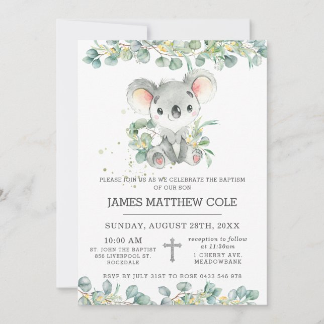 Greenery Eucalyptus Cute Koala Baptism Christening Inbjudningar (Framsida)