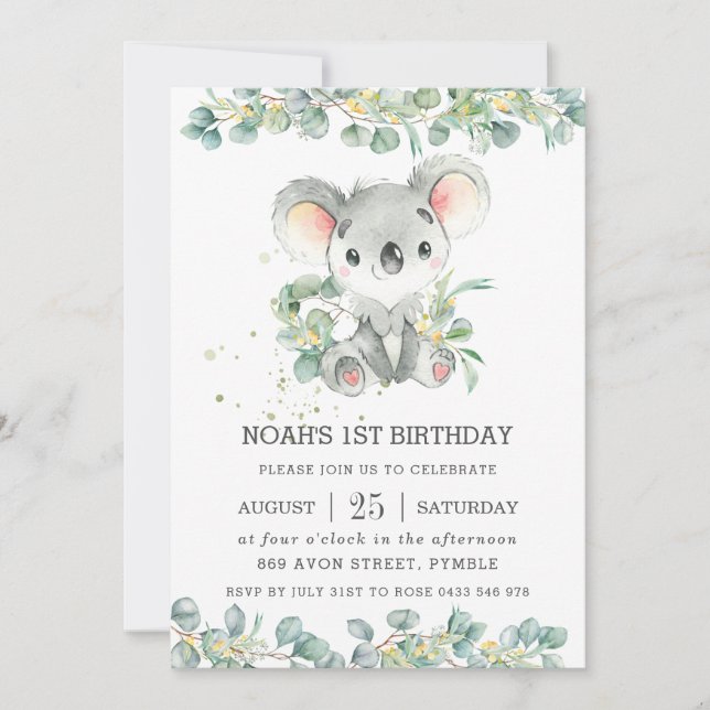 Greenery Eucalyptus Cute Koala Birthday Inbjudningar (Framsida)