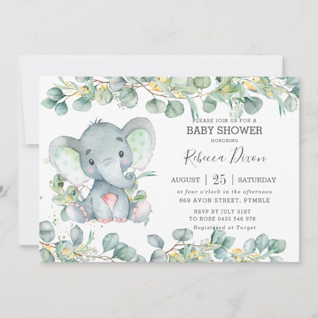 Greenery Eucalyptus Elephant Baby Shower Neutralt Inbjudningar (Framsida)