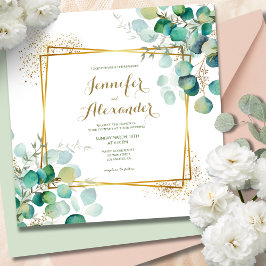 Greenery Eucalyptus Emerald Grönt Square Bröllop Inbjudningar