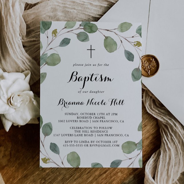 Greenery Eucalyptus Foliage Calligraphy Baptism Inbjudningar (Skapare uppladdad)
