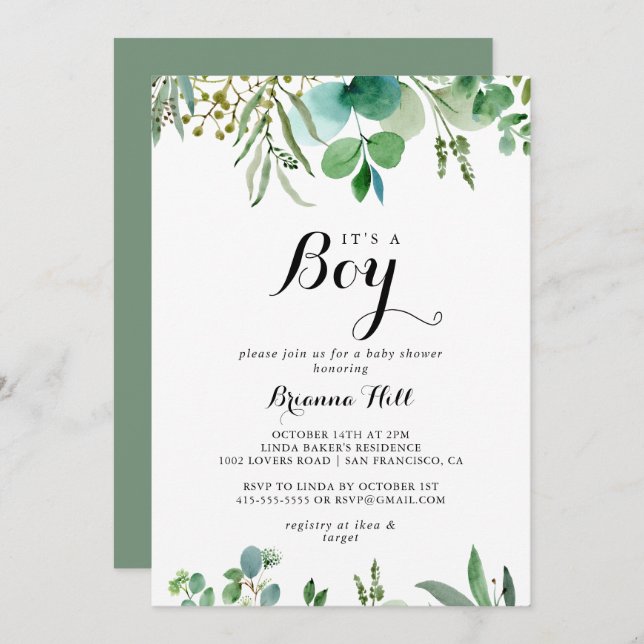 Greenery Eucalyptus Foliage Det är en pojkvän. Inbjudningar (Fram/baksida)