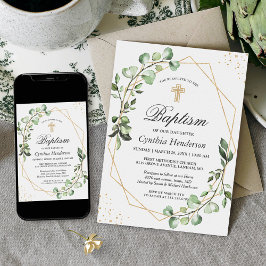 Greenery Eucalyptus Geometric Baptism Christening Inbjudningar