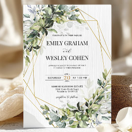 Greenery Eucalyptus Gold Geometric Wedding Inbjudningar