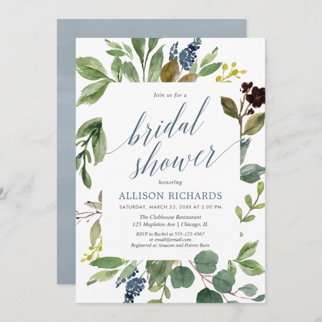 Greenery eucalyptus grönt löv dammblått möhippa inbjudningar (Fram/baksida)