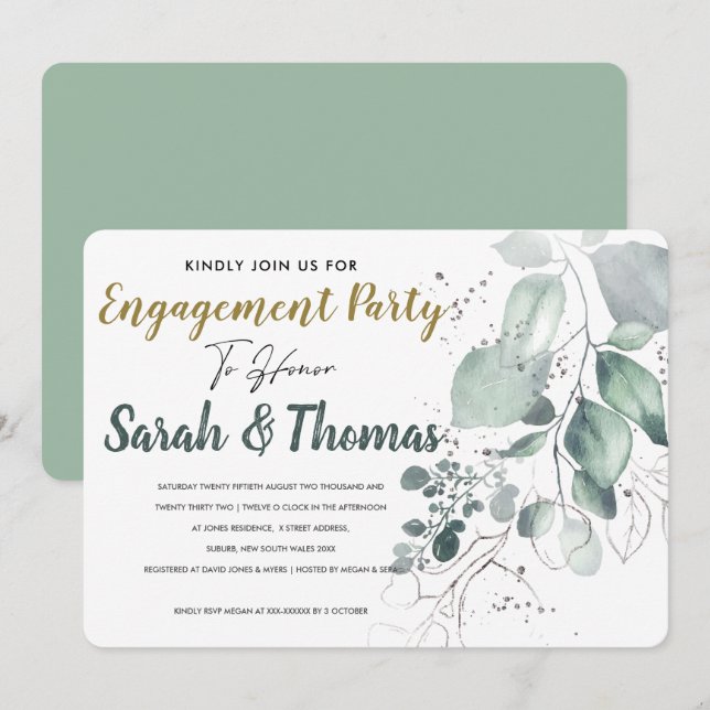 GREENERY EUCALYPTUS GRÖNT WATERCOLOR ENGAGAGE INBJUDNINGAR (Fram/baksida)