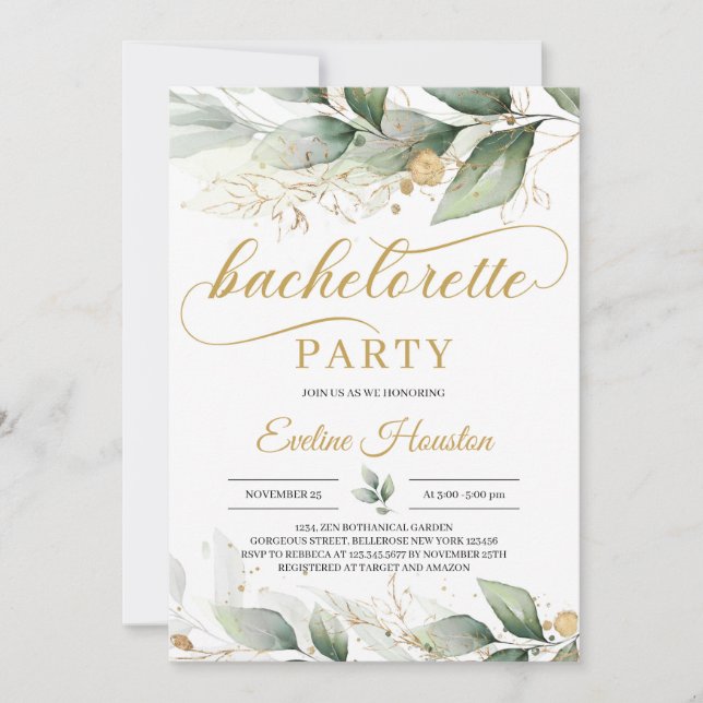 Greenery eucalyptus guld blommigt bachelorette inbjudningar (Framsida)