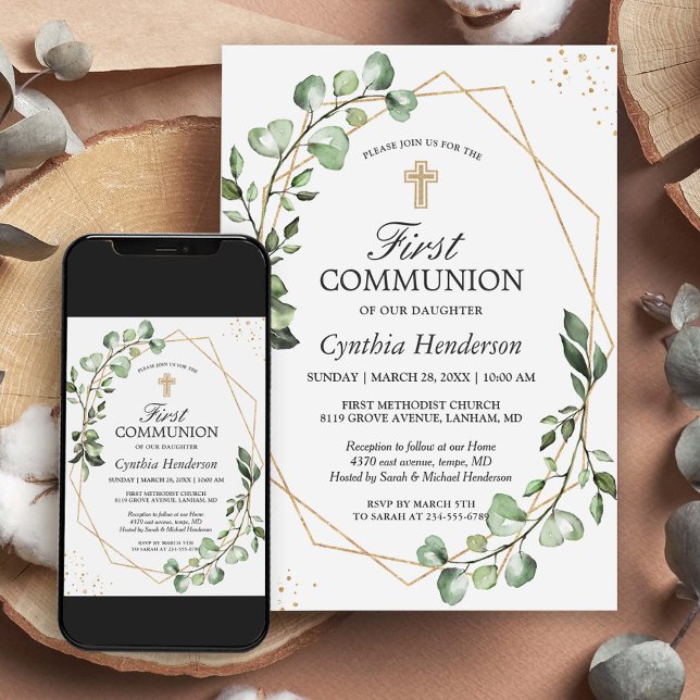 Greenery Eucalyptus Guld Geometric First Communion Inbjudningar (Skapare uppladdad)