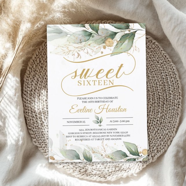 Greenery eucalyptus guld lövs boho sweet sixteen inbjudningar (Greenery eucalyptus gold leaves boho sweet sixteen invitation)