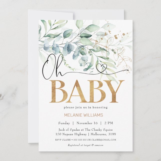 Greenery Eucalyptus Guld Oh Baby Baby Shower Inbjudningar (Framsida)