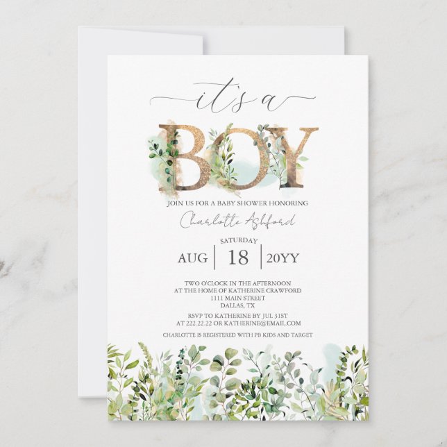 Greenery Eucalyptus It's a Boy Baby Shower Inbjudningar (Framsida)