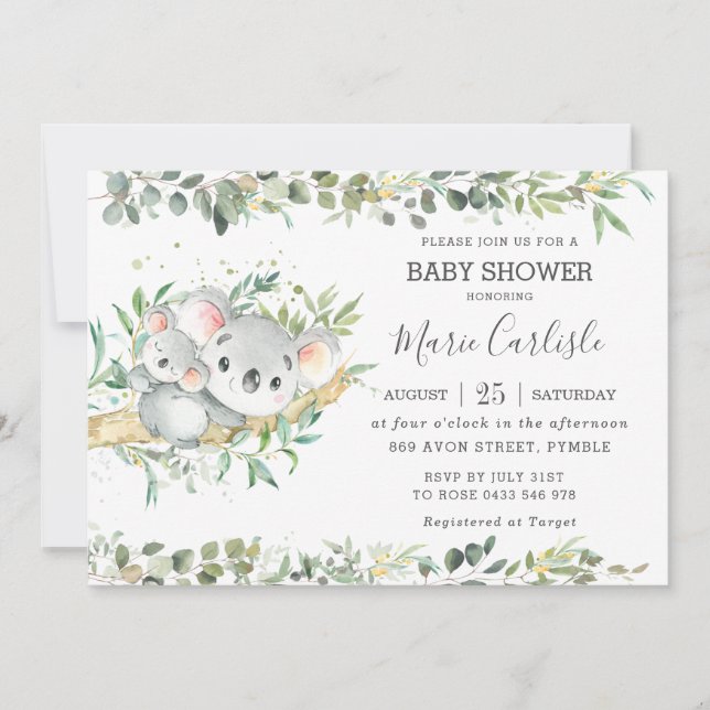 Greenery Eucalyptus Koala Neutralt Baby Shower Boy Inbjudningar (Framsida)