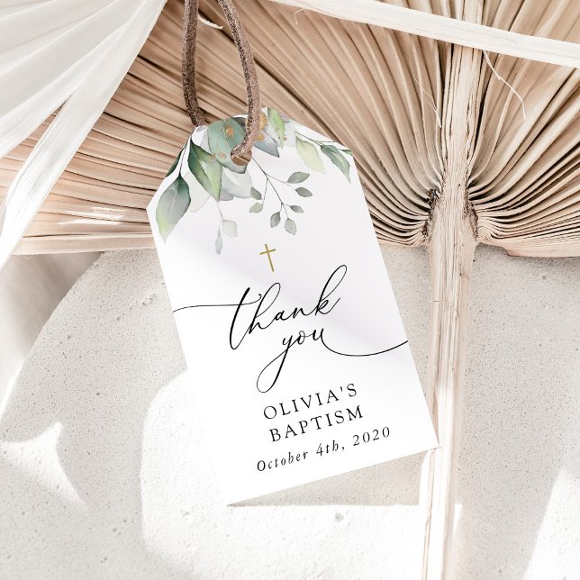 Greenery, Eucalyptus Leaves, Boho, Baptism Presentetikett (Skapare uppladdad)