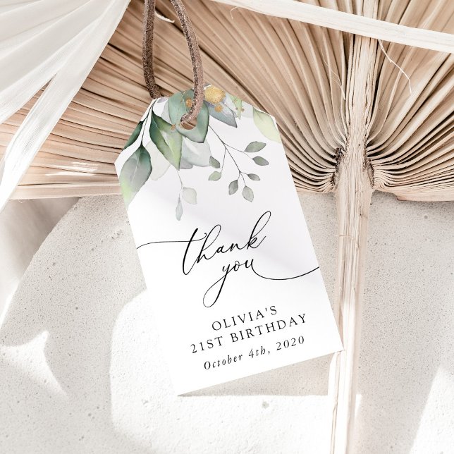 Greenery, Eucalyptus Leaves, Boho, Birthday Presentetikett (Skapare uppladdad)