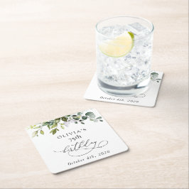 Greenery, Eucalyptus Leaves, Boho, Birthday Underlägg Papper Kvadrat