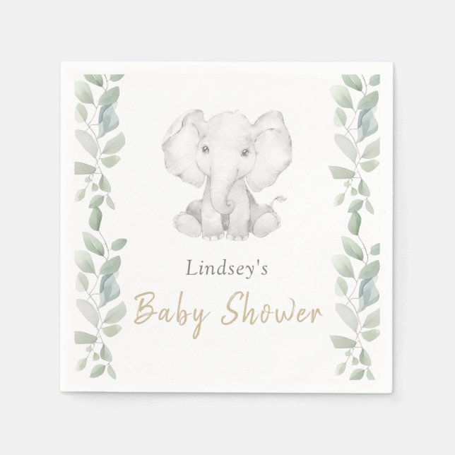 Greenery Eucalyptus Little Elephant Baby Shower Pappersservett (Framsidan)