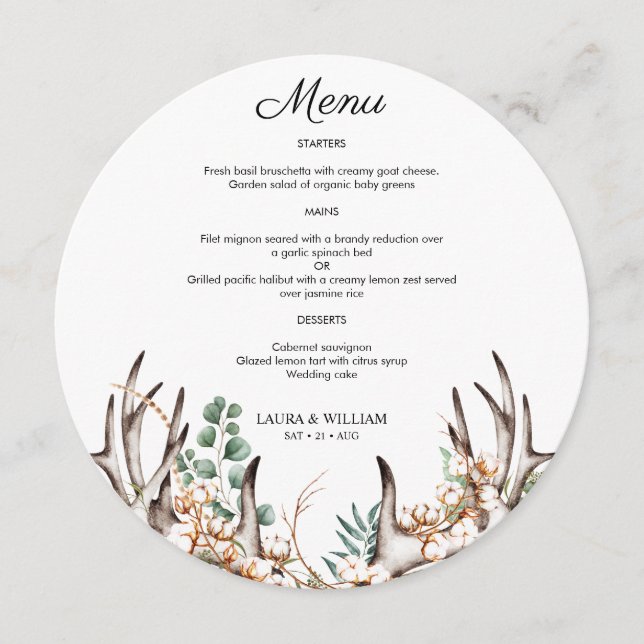 Greenery Eucalyptus Lövs Antler Boho Round Menu Meny (Framsida)
