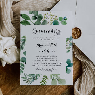 Greenery Eucalyptus Modern Calligraphy Quinceañera Inbjudningar