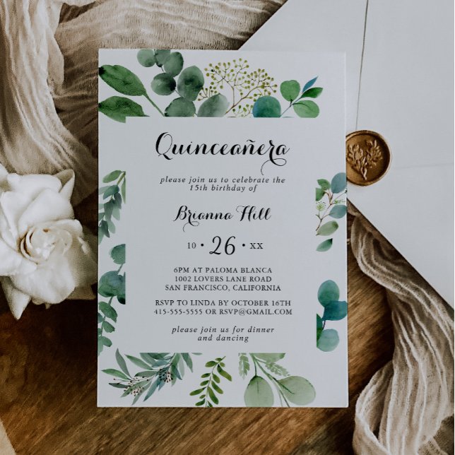 Greenery Eucalyptus Modern Calligraphy Quinceañera Inbjudningar (Skapare uppladdad)