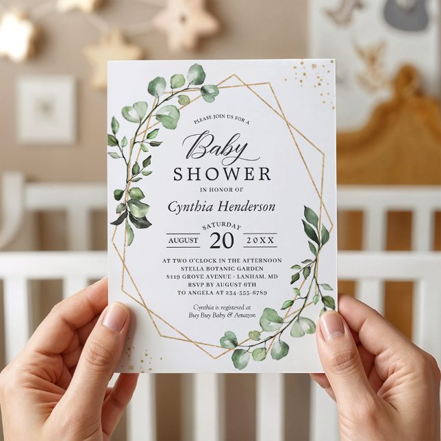 Greenery Eucalyptus Modern Geometric Baby Shower Inbjudningar (Skapare uppladdad)