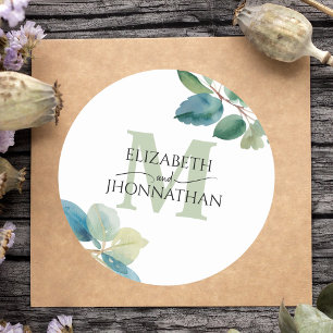 Greenery eucalyptus monogrammed bröllop runt klistermärke