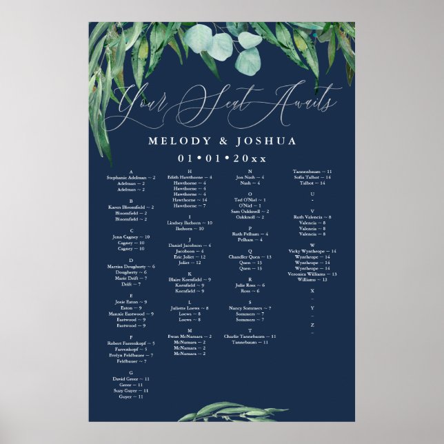 GREENERY EUCALYPTUS NAVY SEATCHART, ALPHA POSTER (Framsidan)