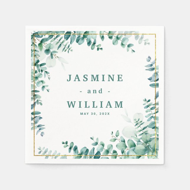 Greenery Eucalyptus Square Frameborder Bröllop Pappersservett (Framsidan)