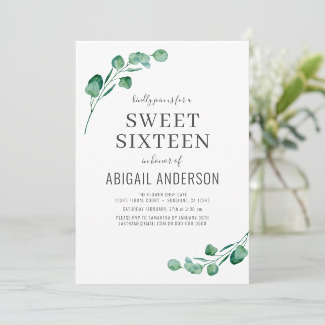 Greenery Eucalyptus Sweet sixteen Birthday Inbjudningar (Stående Fram)