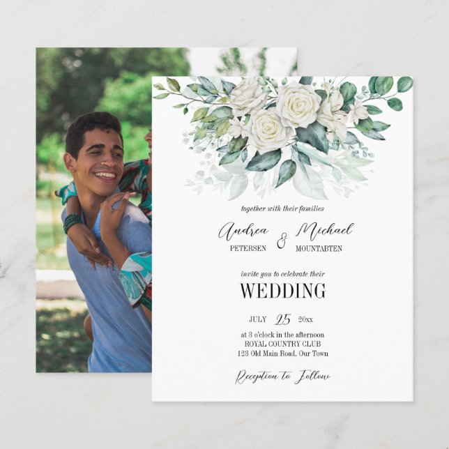 Greenery eucalyptus vit ros bröllopsinbjudan (Fram/baksida)