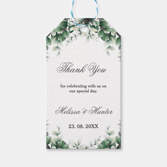 Greenery Eucalyptus Wandan Bröllop Tack Presentetikett (Framsidan)