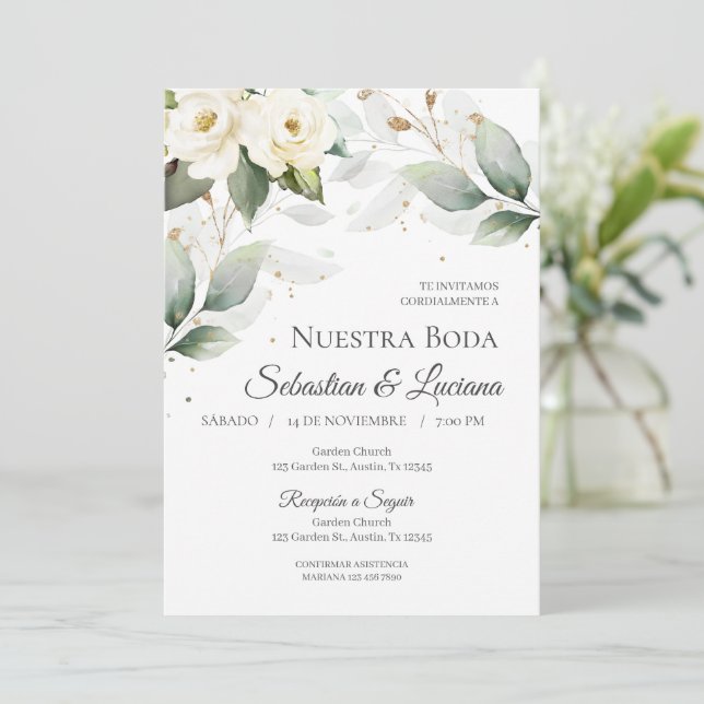 Greenery Eucalyptus Wedding på spanska Inbjudningar (Stående Fram)