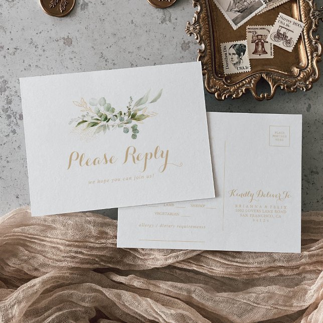 Greenery Eukalyptus Guld Meny Val RSVP Postkort (Skapare uppladdad)