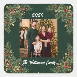 Greenery Familjefoto Julsticker Fyrkantigt Klistermärke