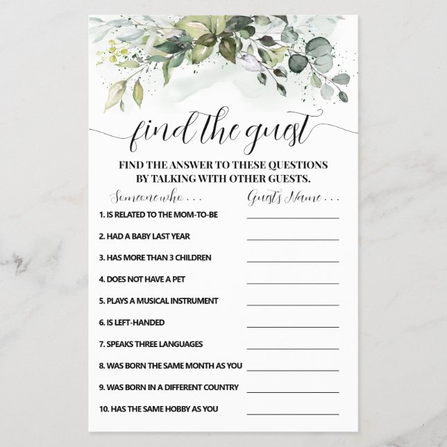 Greenery Find the Guest Baby Shower Game Card Flygblad (Framsidan)