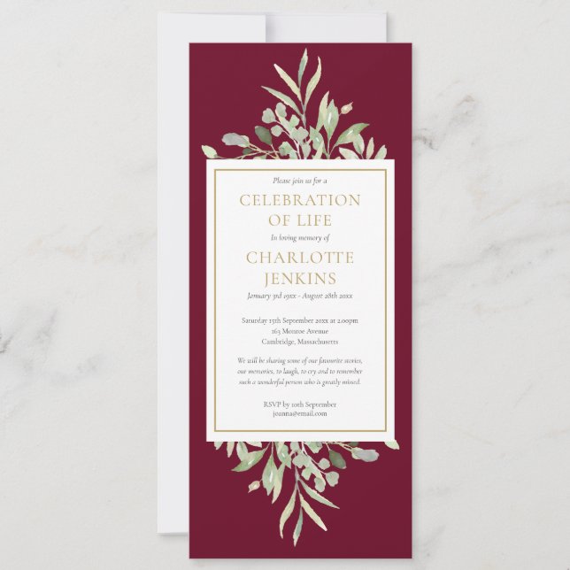 Greenery Firande of Life Funeral Service Inbjudningar (Framsida)