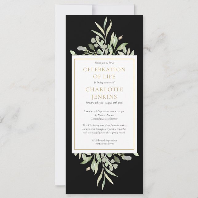 Greenery Firande of Life Funeral Service Invi Inbjudningar (Framsida)