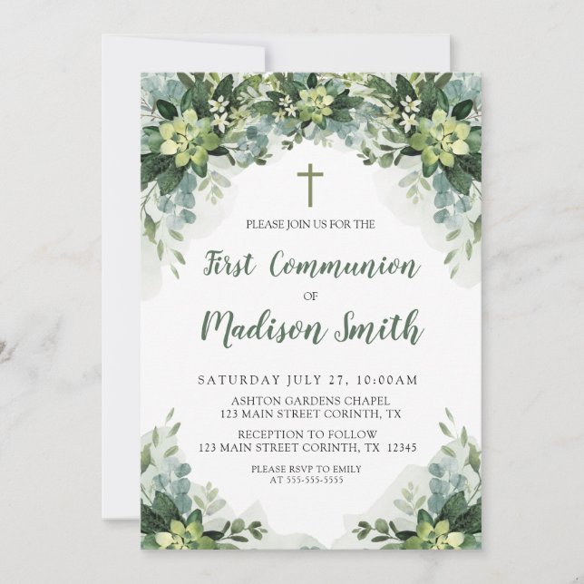 Greenery First Communion Invitation Inbjudningar (Framsida)