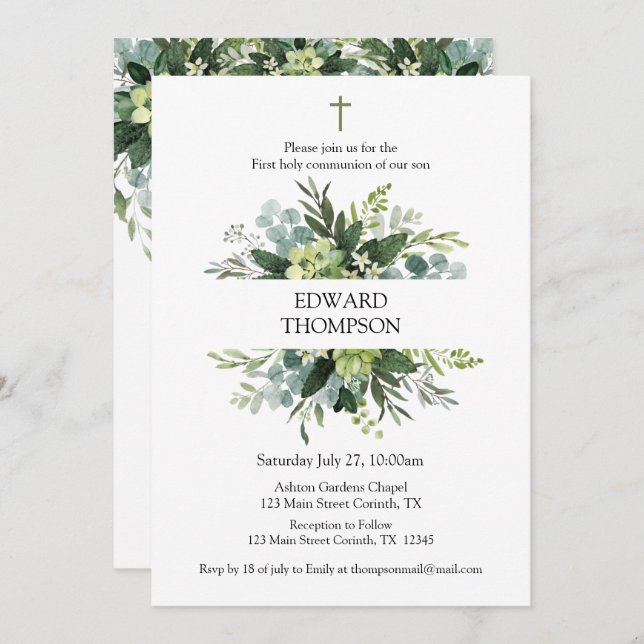 Greenery First Communion Invitation Inbjudningar (Fram/baksida)
