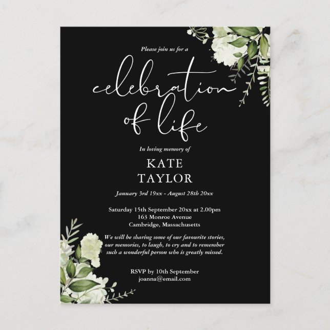 Greenery Floral Celebration of Life Memorial Meddelande Vykort (Framsida)