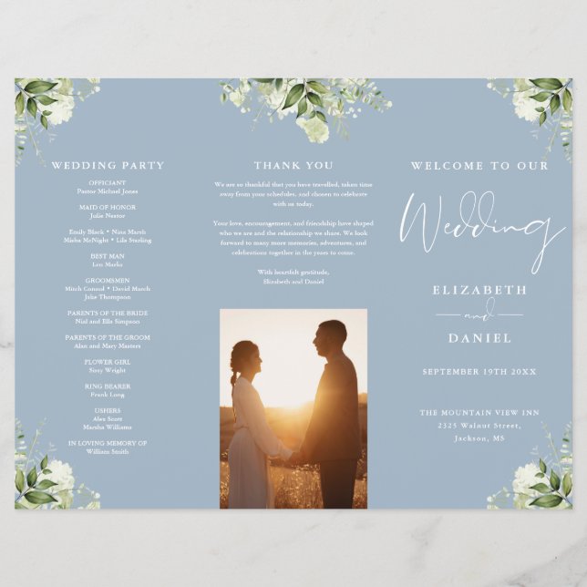 Greenery Floral Dusty Blue Trifold Wedding Program (Framsidan)