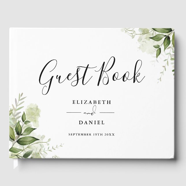 Greenery Floral Elegant Script Photo Wedding Gästböcker (Framsida)