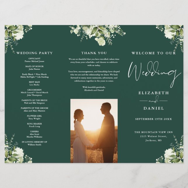 Greenery Floral Emerald Trifold Wedding Program (Framsidan)