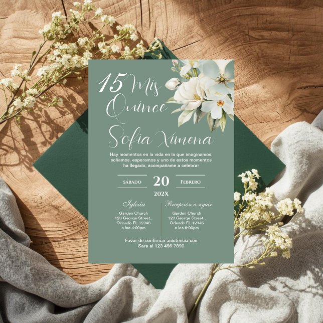 Greenery Floral Quinceañera Spanish Invitation Inbjudningar (Skapare uppladdad)
