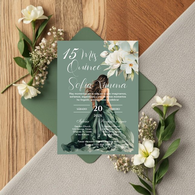 Greenery Floral Quinceañera Spanish Invitation Inbjudningar (Skapare uppladdad)