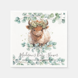 Greenery Fluffy Highland Cow Baby Shower Birthday Pappersservett