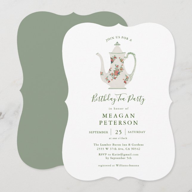 Greenery Födelsedagsfest Tea Party-inbjudan Inbjudningar (Fram/baksida)