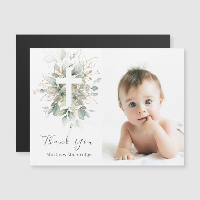 Greenery foliage Baptism Photo Tack Magnetic (Fram/baksida)