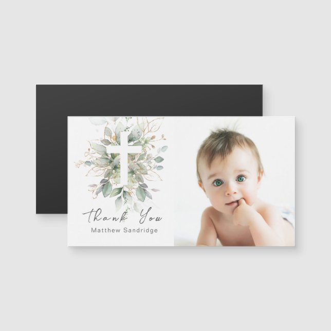 Greenery Foliage Baptism Photo Tack Magnetic (Fram/baksida)