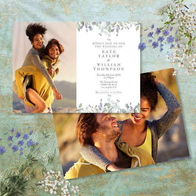 Greenery Foliage Blommigt Sage Lilac 2 Photo Bröll Inbjudningar (Greenery Foliage Floral Sage Lilac 2 Photo Wedding Invitation)