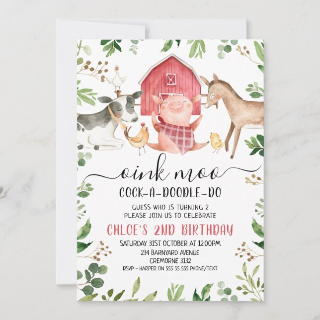 Greenery Foliage Boskap 2:a födelsedagen Inbjudningar (Framsida)